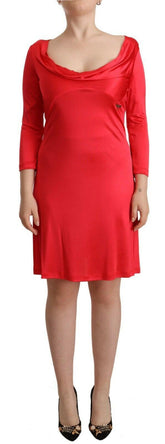 John Galliano Red Viscose 3/4 Sleeves Deep Round Neck Sheath Dress -   -  John Galliano.